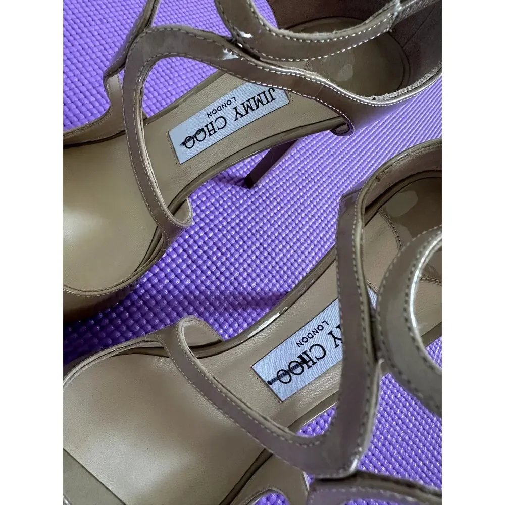 New Jimmy Choo Sandals Beige Patent leather Heels Size 37.5 Made in Italy